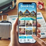 DALL·E 2024-09-20 12.31.24 – A mobile phone screen displaying a lodging booking app (Booking). The image includes various accommodation options with photos, prices, and user revie