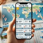 DALL·E 2024-09-20 12.31.32 – A smartphone displaying a travel planning app (such as TripIt) with a day-by-day organized itinerary. The itinerary includes details like flights, hot